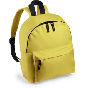 A vibrant yellow backpack with a front pocket and a logo, featuring two shoulder straps.