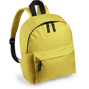 A yellow backpack with a front pocket and dual zippers, featuring black straps and accents.