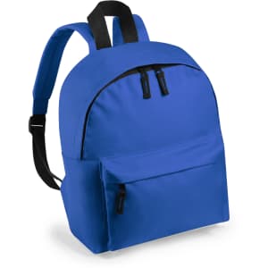 A blue backpack with a rounded shape, featuring a front zip pocket and two shoulder straps. It has a logo on it.