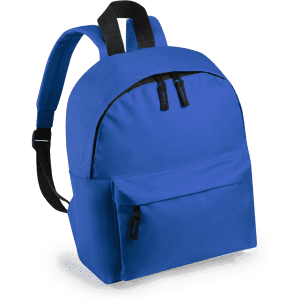A blue backpack with a front pocket and black straps, featuring a logo on the surface.