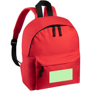 A red backpack featuring a front pocket and a logo. It has adjustable straps and a rounded shape.