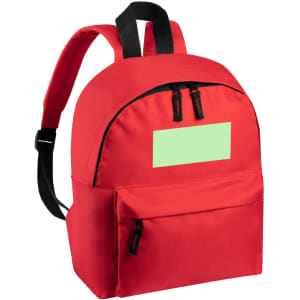 A red backpack with two zippered compartments and adjustable black straps. It features a logo on the front.