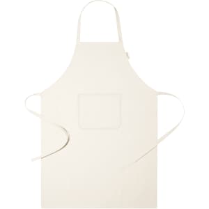 A beige apron with a pocket and long ties, featuring a simple, classic design. It has a logo on it.