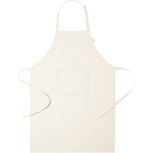 A cream-coloured apron with a pocket and long ties. The design includes a logo.