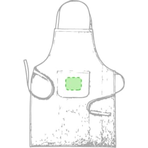 A grey apron with a pocket, featuring a green outline on the pocket area. It has straps for securing.