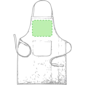A white apron with a green square section on the front, featuring pockets and ties. It has a logo or branding.