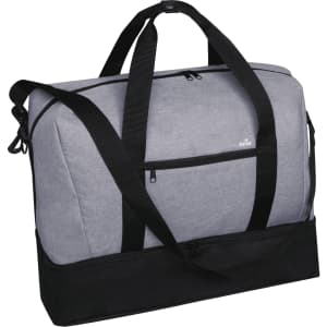A grey and black duffle bag with adjustable straps and a zippered front pocket. It features branding on the side.