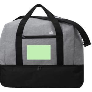 A grey and black duffle bag with an RFID feature, featuring a front pocket and dual handles.