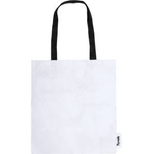 A white tote bag with black handles, featuring a branding logo on the side.