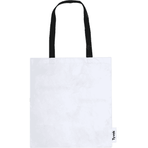 A white tote bag with black handles, featuring a logo tag at the side.