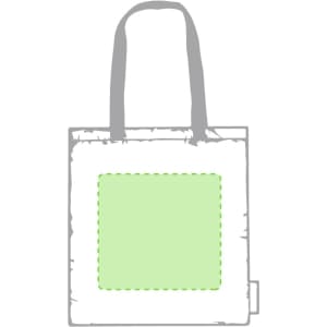 A white tote bag with grey handles and a light green rectangular section. It features a logo on the side.