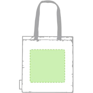A grey and white tote bag featuring a light green square design on the front and grey handles.