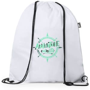 A white drawstring bag with a compass graphic and a logo, featuring green and black detailing.