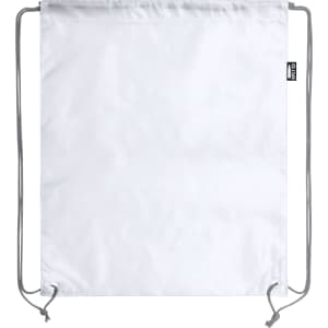 A white drawstring bag with grey cords and a logo tag at the side. Suitable for carrying lightweight items.