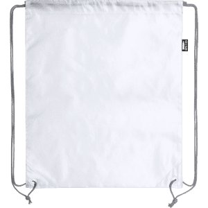 A white drawstring bag with grey cords and a logo tag at the side.