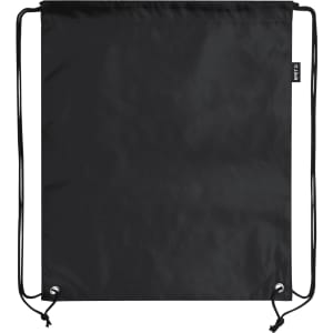 A black drawstring bag with cords on either side and a branding label at the top.