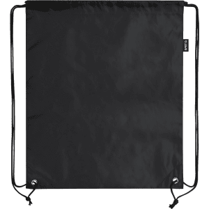 A black drawstring bag with two drawstrings and a small logo attached. The bag is made from a lightweight material.