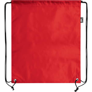 A red drawstring bag with black strings and a small logo tag. Simple and functional design.
