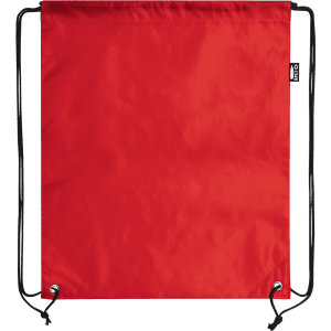A red drawstring bag with black cords and a small logo tag at the side.