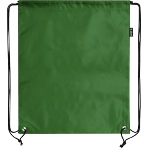 A green drawstring bag featuring black cords and a small logo. Ideal for carrying various items.