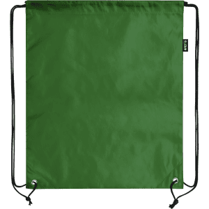 A green drawstring bag with a logo, featuring adjustable cords at the bottom corners.