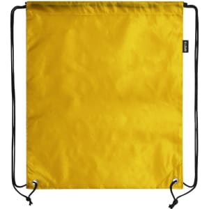 A bright yellow drawstring bag with black cords and branding at the top. Ideal for carrying essentials.
