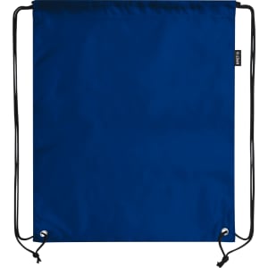 A blue drawstring bag with black cords and reinforced eyelets. It features a simple design and a logo.