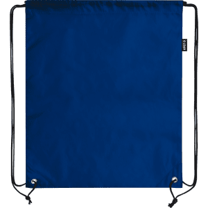 A blue drawstring bag featuring black cords and a small branding tag on the side.
