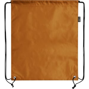 An orange drawstring bag with black cords and a branding tag on the side.