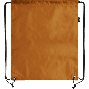 An orange drawstring bag with black drawstrings and a small logo tag at the side.