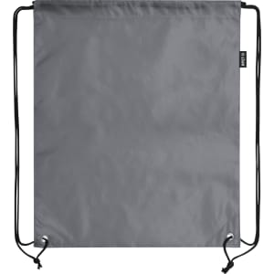 A grey drawstring bag with black cords and a branding tag at one side.