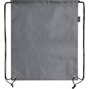 A grey drawstring bag with black cords, featuring a small logo at the top.