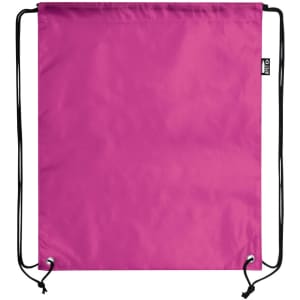 A pink drawstring bag featuring black cords and a small logo tag. Ideal for carrying essentials.