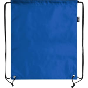 A blue drawstring bag with black cords and a small logo on the side.
