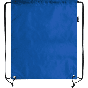 A blue drawstring bag with black drawstrings and a small logo at the side.