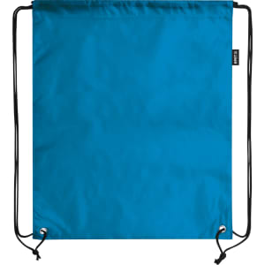 A blue drawstring bag with black cords and a small logo tag on the side.