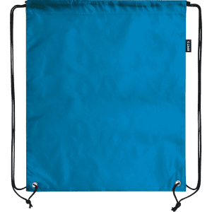 A blue drawstring bag with black cords and a branding label. Simple and lightweight design.