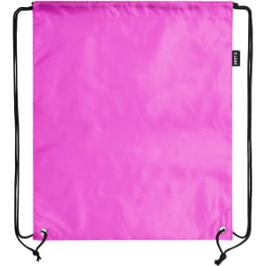 A bright pink drawstring bag with black cords and a small logo.