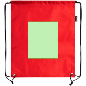 A red drawstring bag featuring a green area in the centre. It includes a logo along one side.
