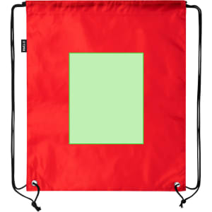 A red drawstring bag featuring a plain green rectangular area and black drawstrings. Includes a logo.