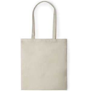 A beige tote bag with two handles and a simple design, featuring a logo.