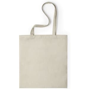 A neutral beige tote bag with two handles and a blank surface, featuring a logo.