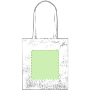 A tote bag with a rectangular green area and two handles, featuring a textured finish. It has a branding logo.