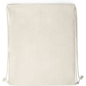 A cream drawstring bag with two adjustable cords and a plain surface. It features a logo on the front.