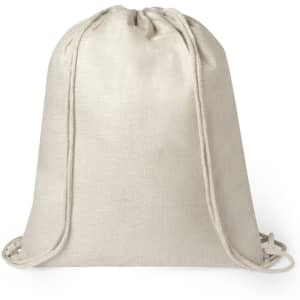A beige drawstring bag with rope handles and a simple design, featuring a branding logo.