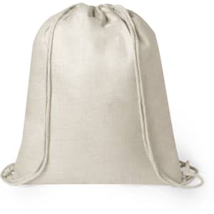 A beige drawstring bag made from a textured material, featuring a logo at the front with contrasting drawstrings.