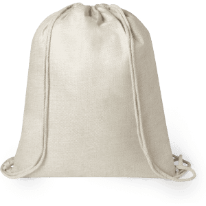 A beige drawstring bag with a textured fabric and matching cords. It features a subtle branding logo.