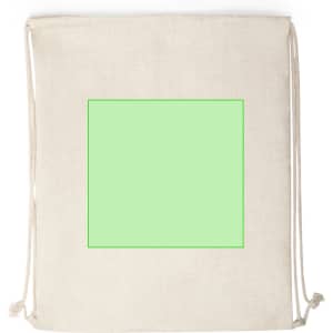 A drawstring bag in natural fabric with a large green square design space and matching drawstrings.