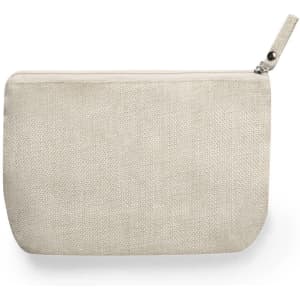 A light beige toiletry bag with a zip closure and a simple, textured design. It has a small logo on the surface.