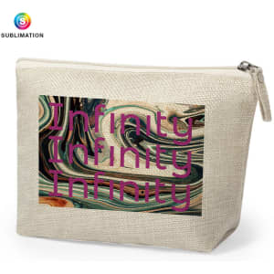 A cream toiletry bag featuring a marbled design and a logo, with "Infinity" printed in large, purple letters.